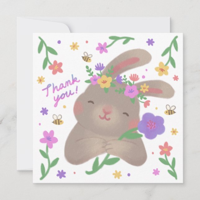 Thank You: Bunny with Flowers Inbjudningar (Framsida)