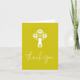 Thank You Card Floral Cross Christening Yellow Helgkort