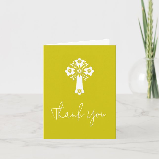 Thank You Card Floral Cross Christening Yellow Helgkort (Framsida)