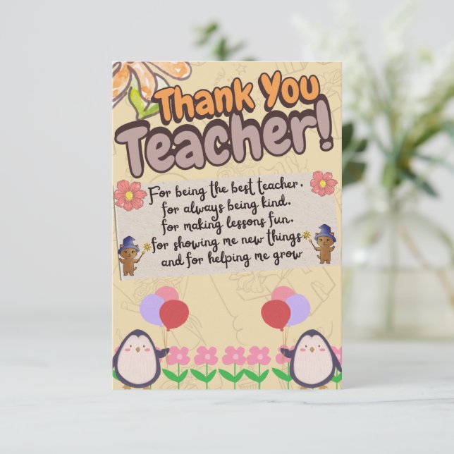 thank you card for teachers. tack kort (Stående Fram)