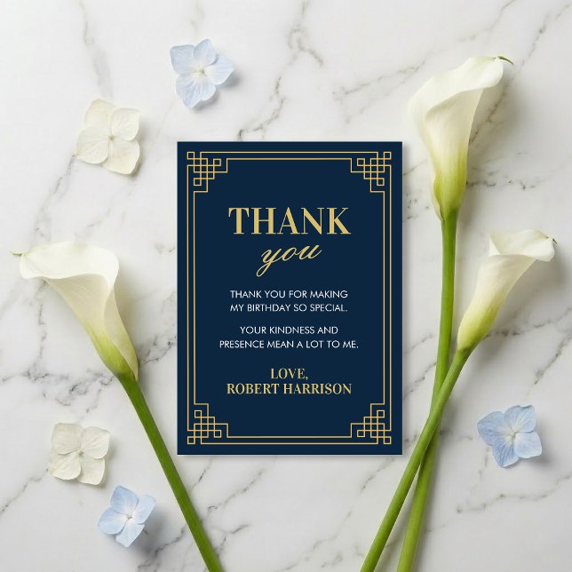 Thank You Card Navy Gold Art Deco 80th Birthday Tack Kort (SEE FULL SUITE AT BOTTOM)