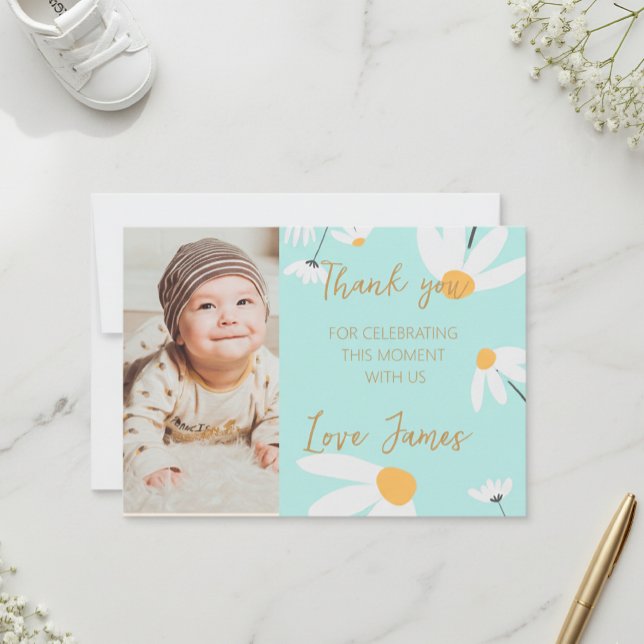 Thank you card template with photo of Daisy, blue  Tack Kort (Skapare uppladdad)