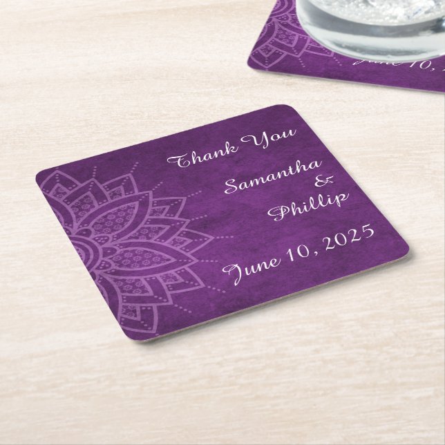 Thank you coaster wedding favor purple underlägg papper kvadrat (Vinklad)