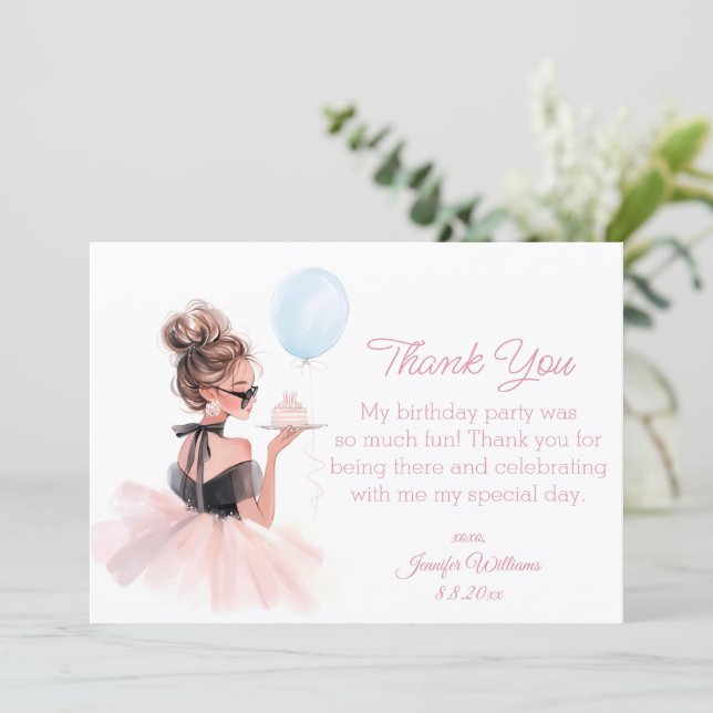 thank you happy birthday pink dress modern anteckningskort (Stående Fram)