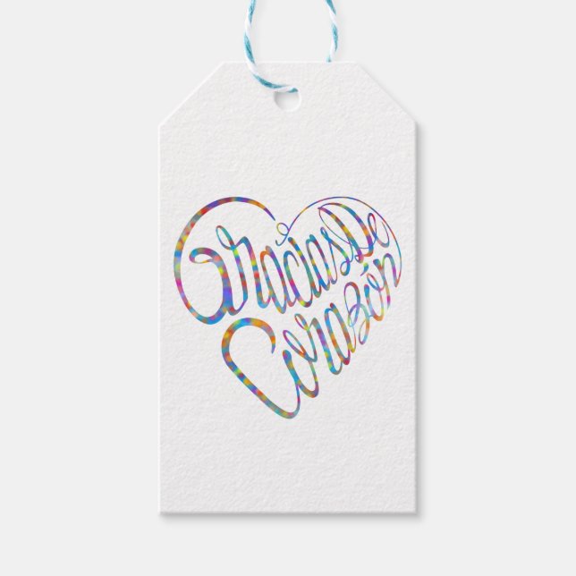 Thank you in 17 langs as heart shapes presentetikett (Framsidan)