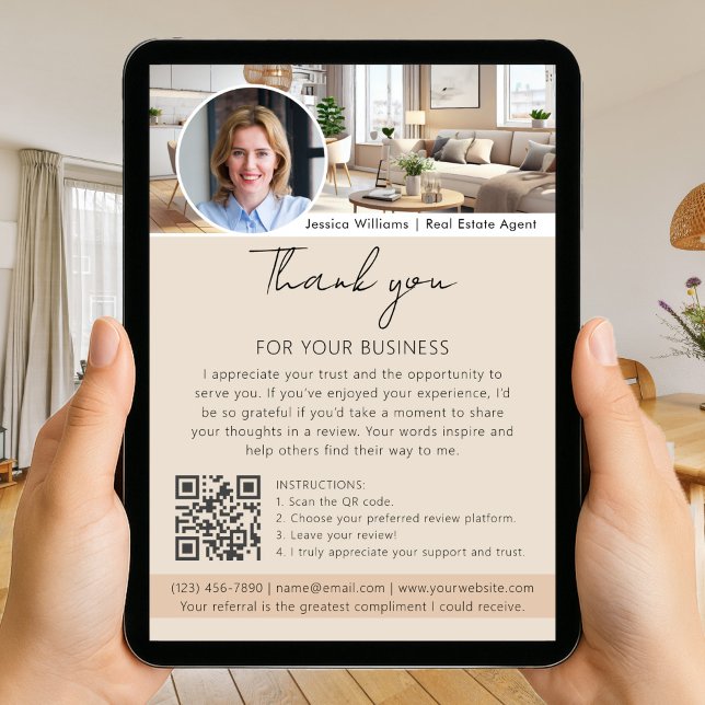 Thank You Review Request with QR Code Photo Beige Kort (Skapare uppladdad)