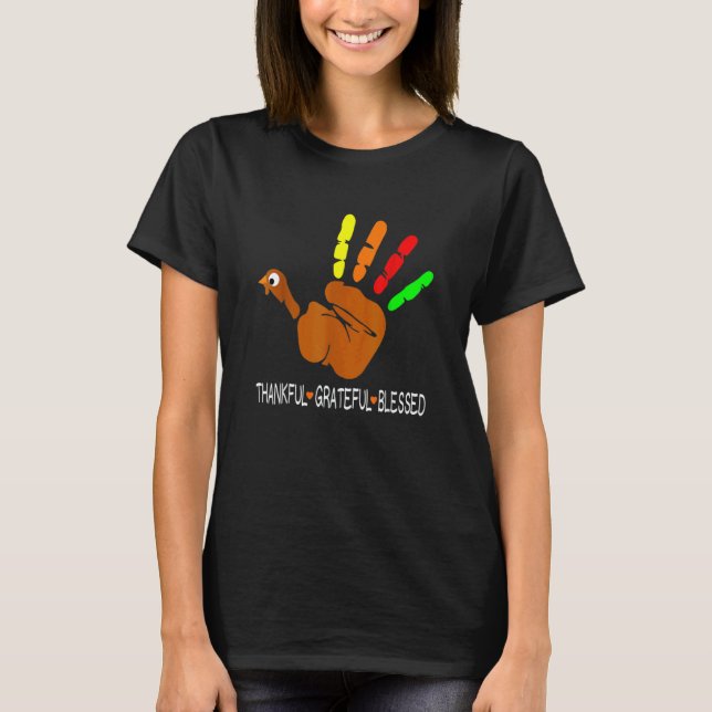 Thankful Grateful Blessed Heart Turkey Hand Thanks T Shirt (Framsida)