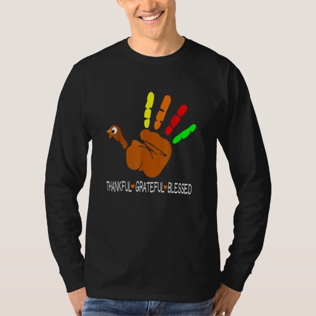 Thankful Grateful Blessed Heart Turkey Hand Thanks T Shirt (Framsida)