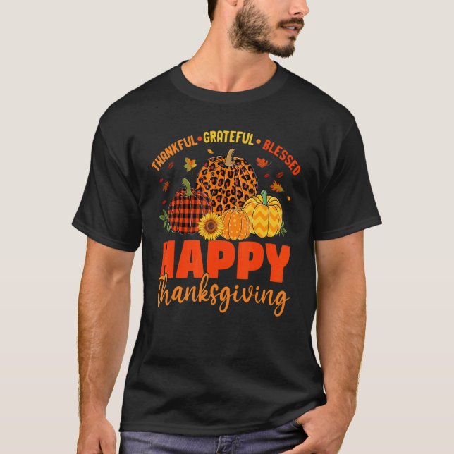 Thankful Grateful Blessed Leopard Plaid Pumpkin Th T Shirt (Framsida)