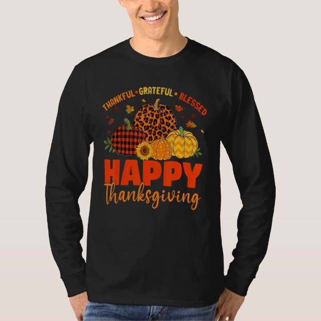 Thankful Grateful Blessed Leopard Plaid Pumpkin Th T Shirt (Framsida)