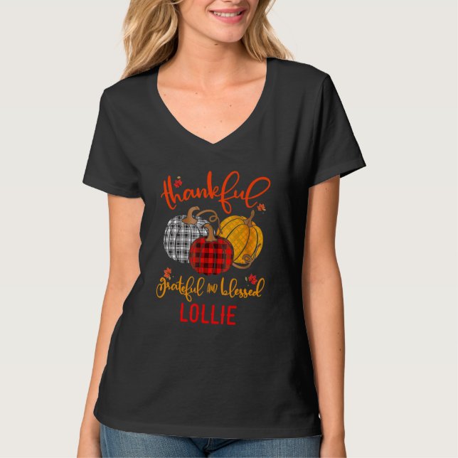 Thankful Grateful Blessed Lollie Autumn Fall Pumpk T Shirt (Framsida)