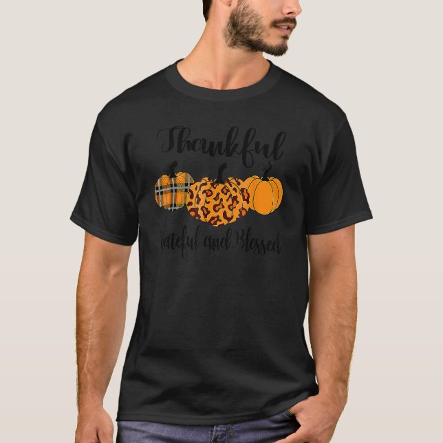 Thankful Grateful Blessed Plaid Leopard Pumpkin Th T Shirt (Framsida)