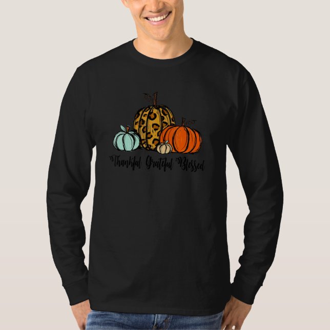 Thankful Grateful Blessed Pumpkin Leopard Plaid Th T Shirt (Framsida)