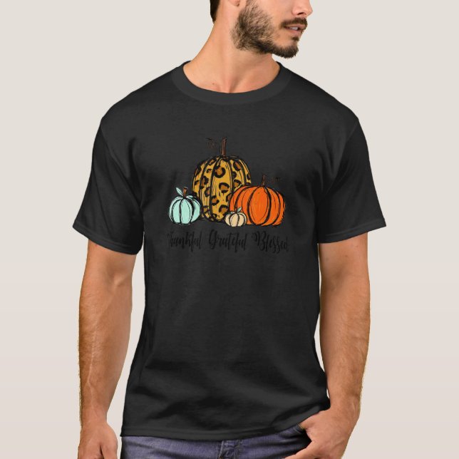 Thankful Grateful Blessed Pumpkin Leopard Plaid Th T Shirt (Framsida)