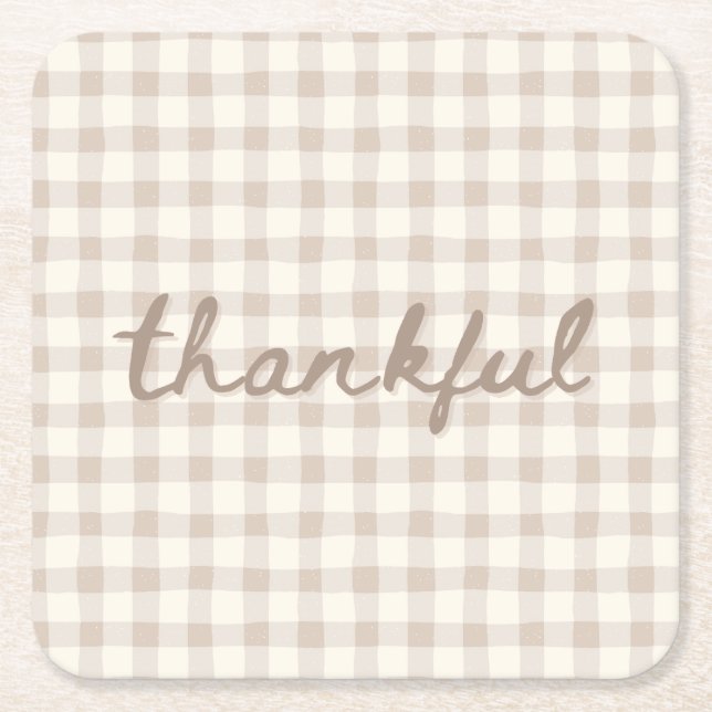 Thankful Neutral Tan Gingham  Underlägg Papper Kvadrat (Framsidan)