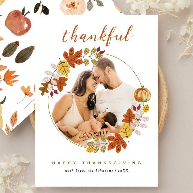 Thankful Script Fall Botanicals Photo Thanksgiving Julkort (Skapare uppladdad)