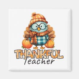 Thankful Teacher  Autumn Owl with Pumpkins & Plaid Magnet