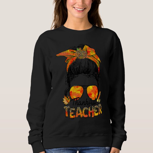 Thankful Teacher Leopard Messy Bun Autumn Thanksgi T Shirt (Framsida)