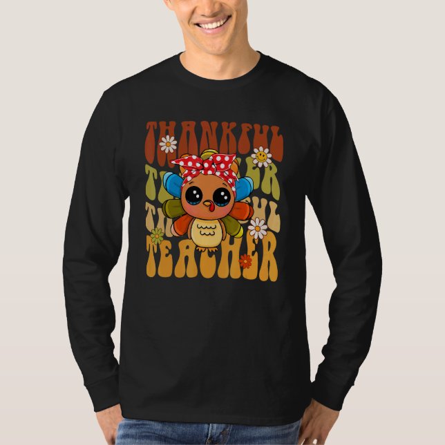 Thankful Teacher Retro Groovy Thanksgiving Turkey  T Shirt (Framsida)
