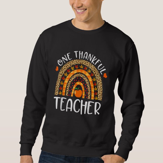 Thankful Teacher Thanksgiving Rainbow Leopard Fall Lång Ärmad Tröja (Framsida)