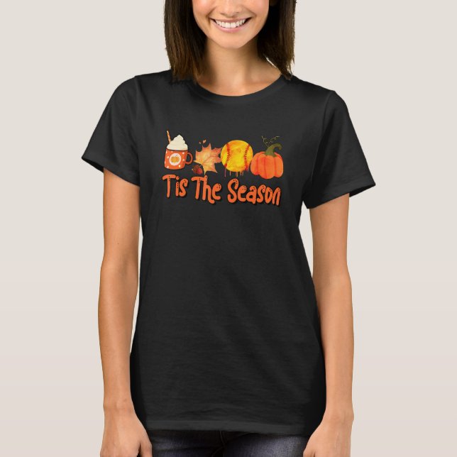 Thankful Tis The Season Softball Pumpkin Latte Cof T Shirt (Framsida)
