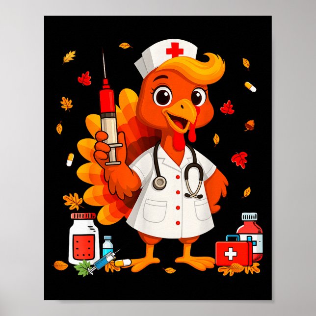 Thankful Turkey Funny Scrub Nurse Fall Thanksgivin Poster (Framsidan)