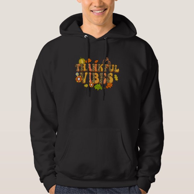 Thankful Vibes Leopard Retro Pumpkin Thanksgiving Hoodie (Framsida)