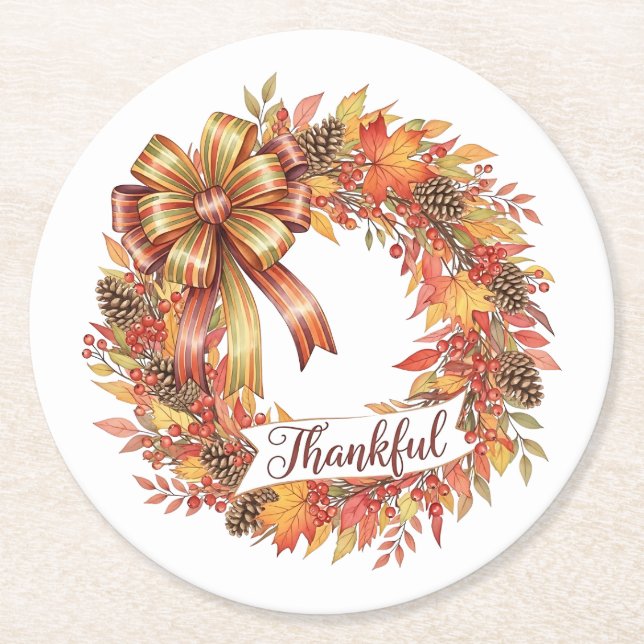 Thankful Wreath Underlägg Papper Rund (Framsidan)