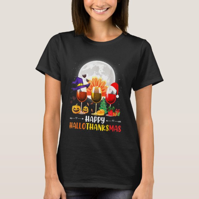 Thankgiving Halloween Wine Glass Happy Hallothanks T Shirt (Framsida)