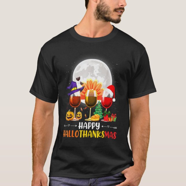 Thankgiving Halloween Wine Glass Happy Hallothanks T Shirt (Framsida)