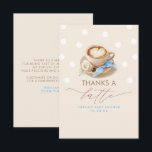 Thanks a Latte Coffee Themed Thank You Tack Kort<br><div class="desc">Elegant beige and soft blue baby shower small thank you card coffee themed</div>