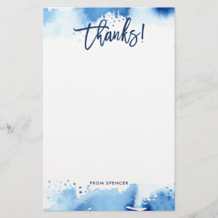 THANKS NOTE modern, handskriven blå vattenfärg Brevpapper