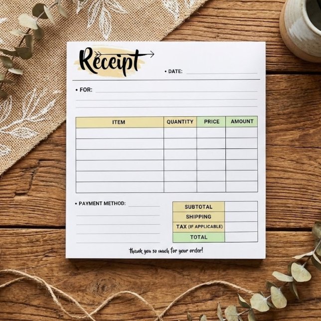 Thanks Order Receipt Form | Small Business Invoice Anteckningsblock (Thank you message to customer for receipt purchase)