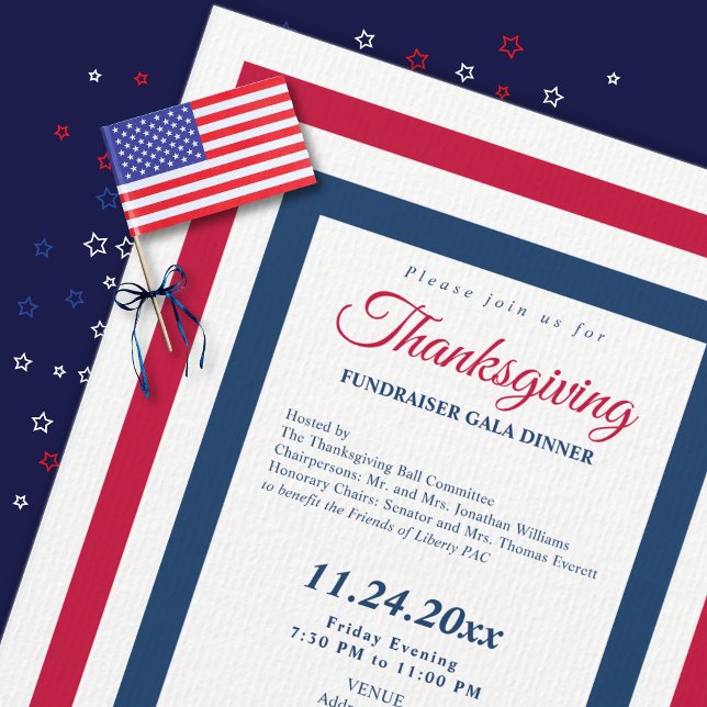 Thanksgiving 2026 Fundraiser Gala Dinner Inbjudningar (Patriotic Thanksgiving fundraiser gala dinner invitation close-up on laid paper with flag and ribbon)