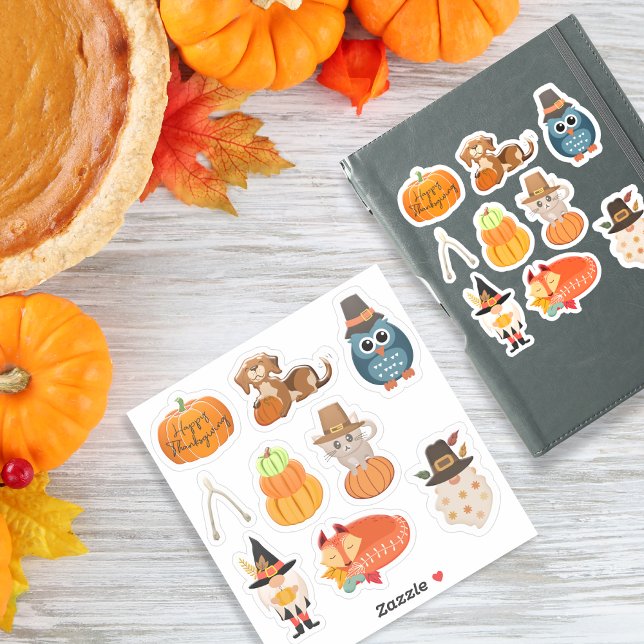 Thanksgiving 2 med 9 designer klistermärken (Cute Thanksgiving Fall Animals, Pumpkins & Holiday Sticker)