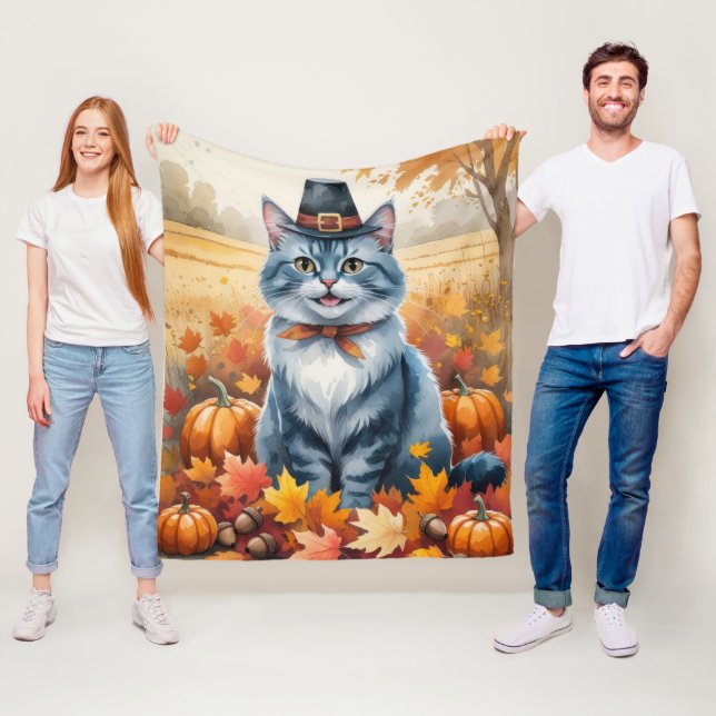 Thanksgiving Art i ryska Blue Cat Höst löv Fleecefilt (På plats)