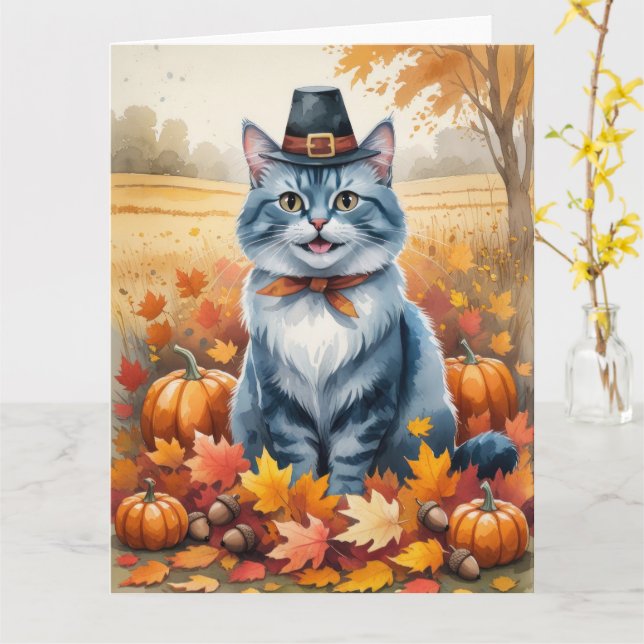 Thanksgiving Art i ryska Blue Cat Höst löv Kort (Gul blomma)