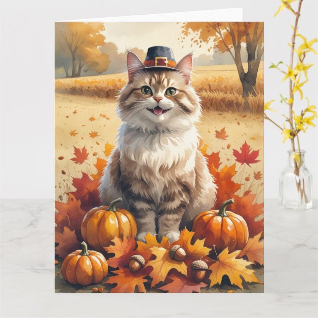 Thanksgiving  Art i Turkiska Angora Cat Höst löv Kort (Gul blomma)