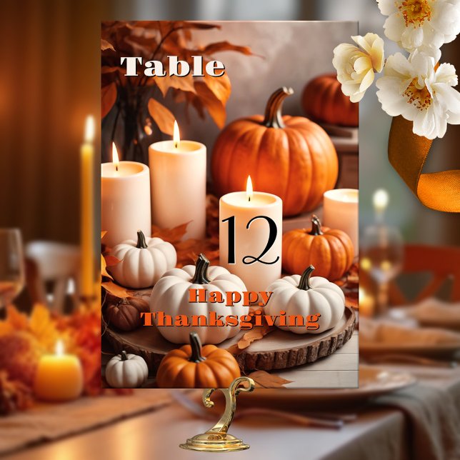 Thanksgiving av färglösa pumpor bordsnummer (Table number card featuring a colorful scene with pumpkins and candles - Thanksgiving or birthday)