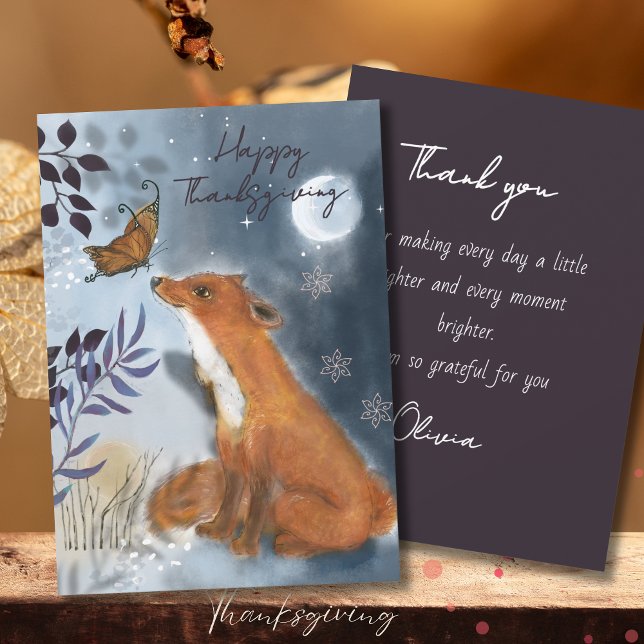 Thanksgiving av magiskt Woodland Fox & Butterfly Julkort (Magical Woodland Fox & Butterfly Thanksgiving Holiday Card)