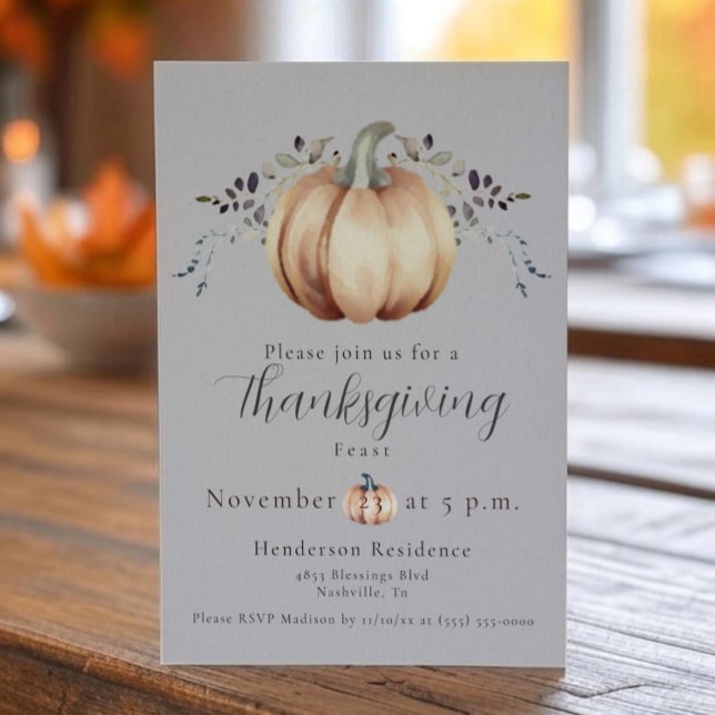 Thanksgiving av pumpor och vindruvor | Grått Inbjudningar (Gray Pumpkin and Vine Thanksgiving Dinner Invitation)