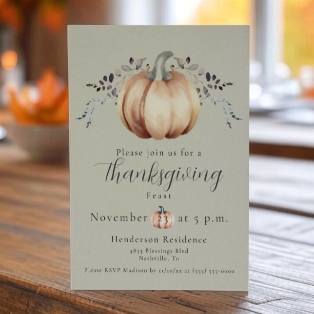 Thanksgiving av pumpor och vindruvor | Grönt Inbjudningar (Green Pumpkin and Vine Thanksgiving Dinner Invitation)