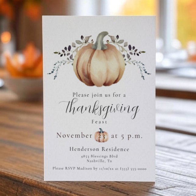 Thanksgiving av pumpor och vindruvor | Vit Inbjudningar (White Pumpkin and Vine Thanksgiving Dinner Invitation)