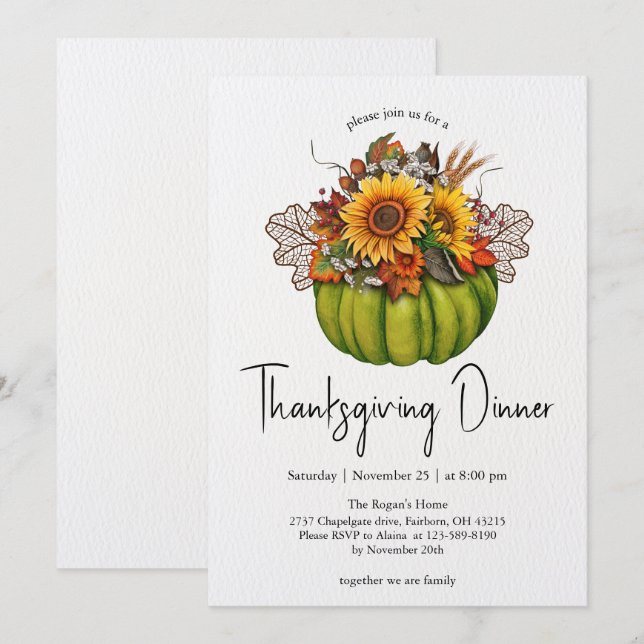 Thanksgiving av vattenfärgspumpkin och solblommor inbjudningar (Fram/baksida)