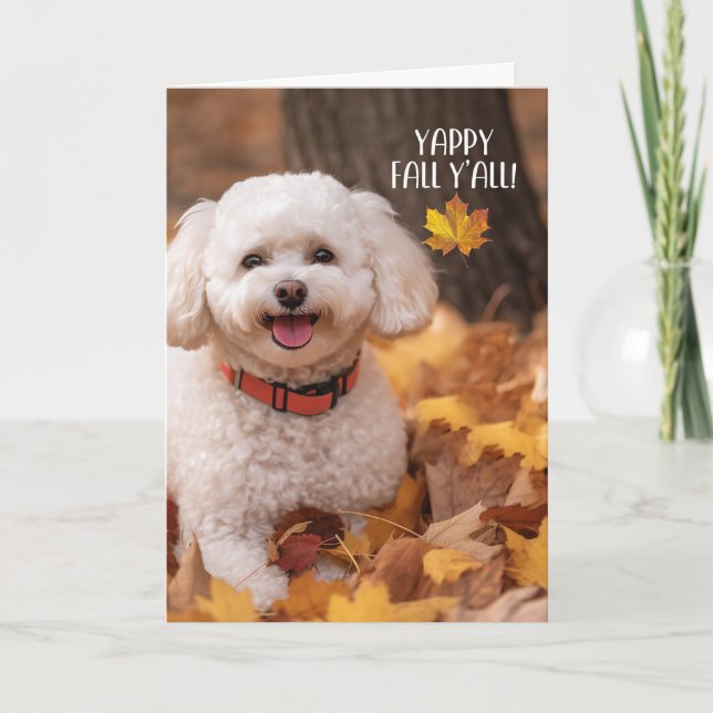 Thanksgiving Bichon Frise Dog with Autumn Leaves Helgkort (Framsida)