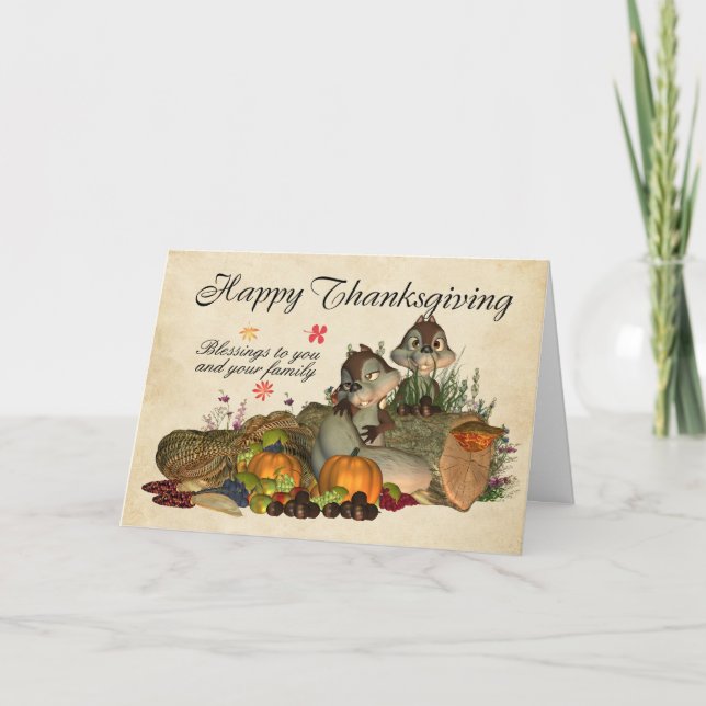 Thanksgiving Blessings - ekorrar och kornucopia Helgkort (Framsida)