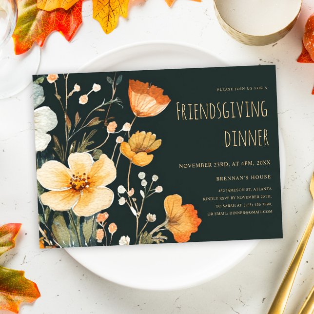 Thanksgiving Blommigt Rustic Friendsgiving-middag Inbjudningar (Thanksgiving Floral Rustic Friendsgiving Dinner Invitation)