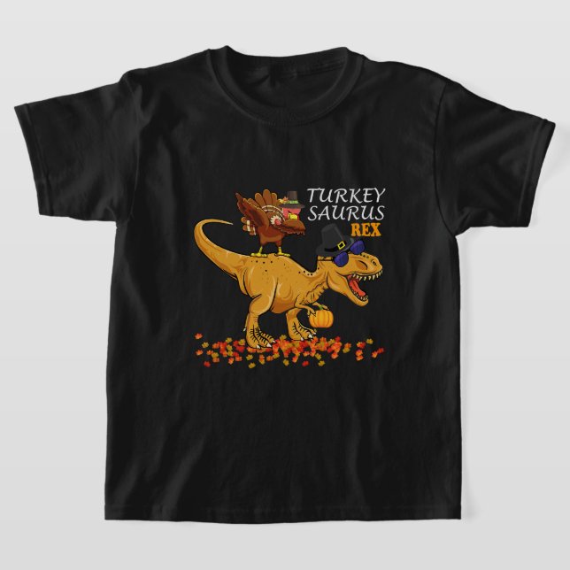 Thanksgiving Boys Turkey Saurus T Rex Dino Kids Di Shirt (Laydown)