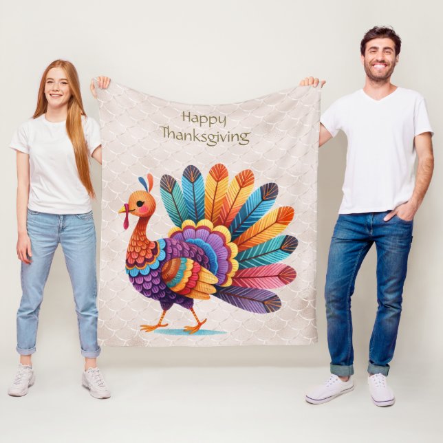 Thanksgiving Bright Feathers Turkey Fleece Blanket (På plats)