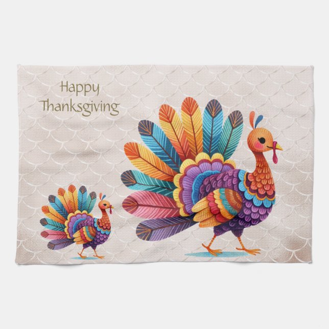 Thanksgiving Bright Feathers Turkey Kitchen Towel Kökshandduk (Horisontell)